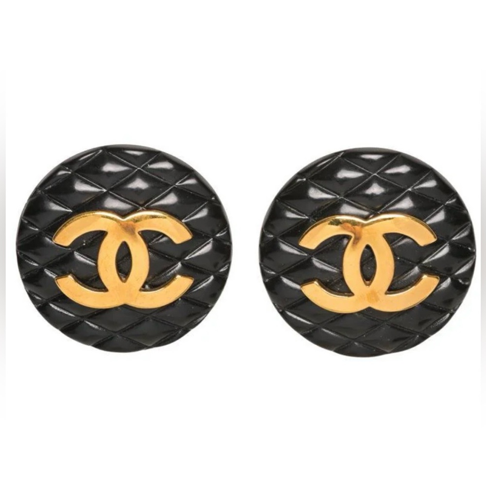 CHANEL Vintage Black and Gold CC Clip Earrings